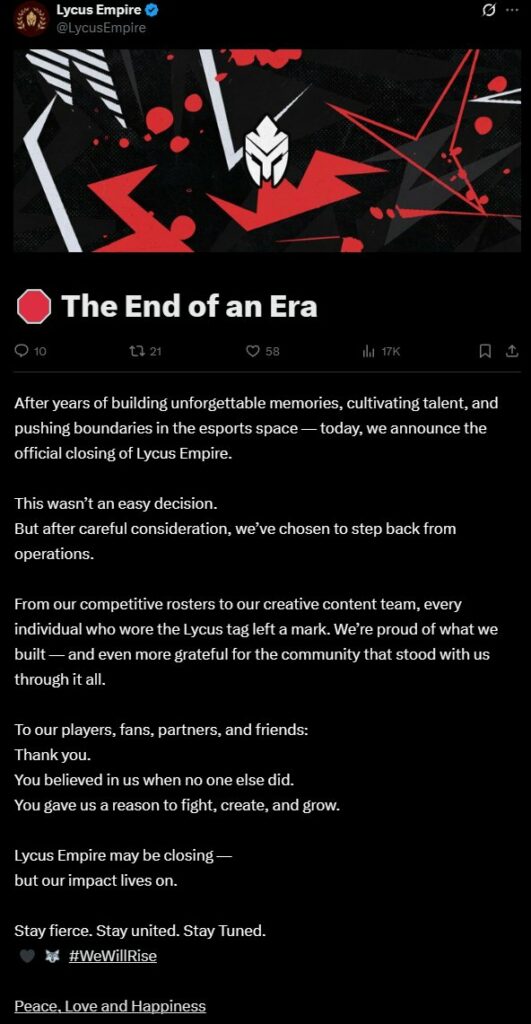 Lycus Empire Dissolves Tweet - Right ahead of NA Series 2