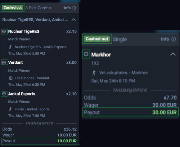 Cashed Out examples for bet slips