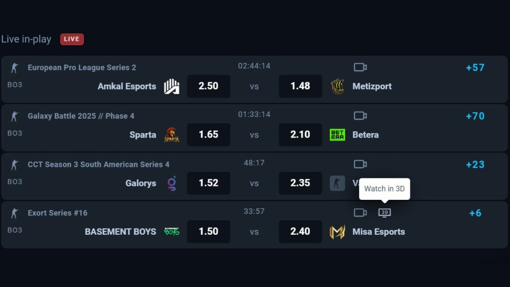 Find eligible matches to watch in Live 3D on Thunderpick with BetPeek