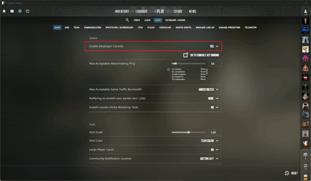 Enable Developer Controls to acces CS2 Console Commands