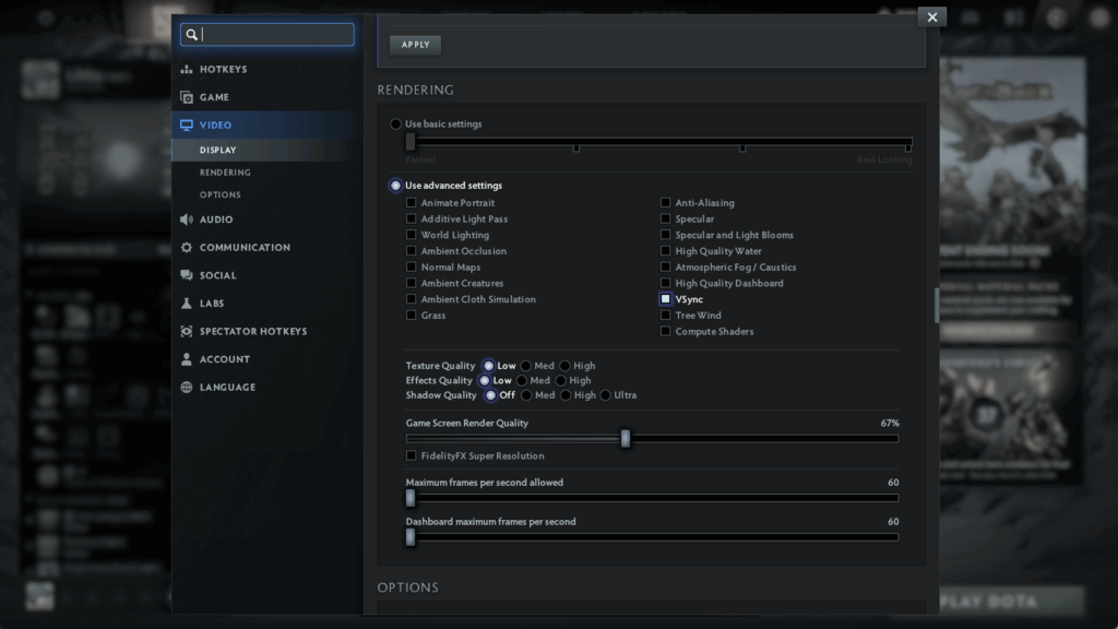 Dota 2 Launch options configured inside Dota