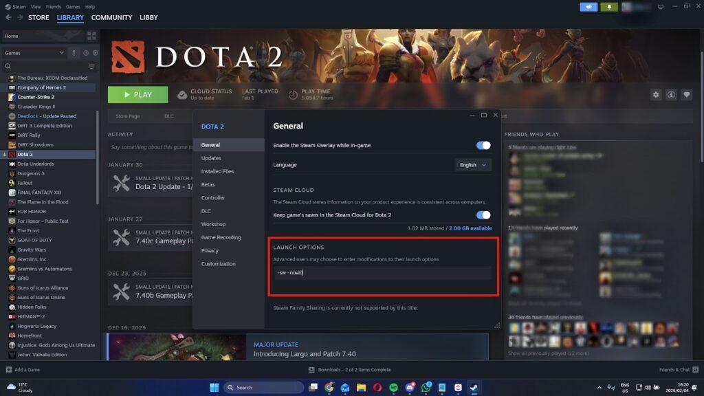 You can change your Dota 2 Launch options directly in Steam