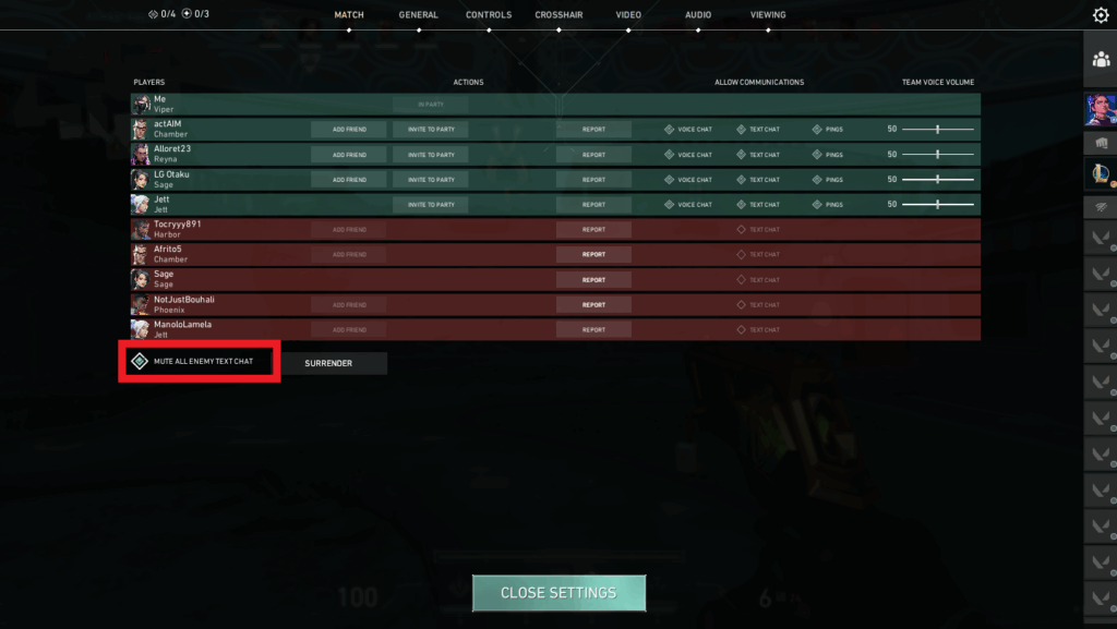 VALORANT Party Chat Mute Enemy Team
