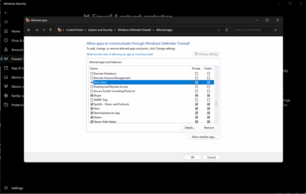 Allow Apps through firewall - VALORANT not opening
