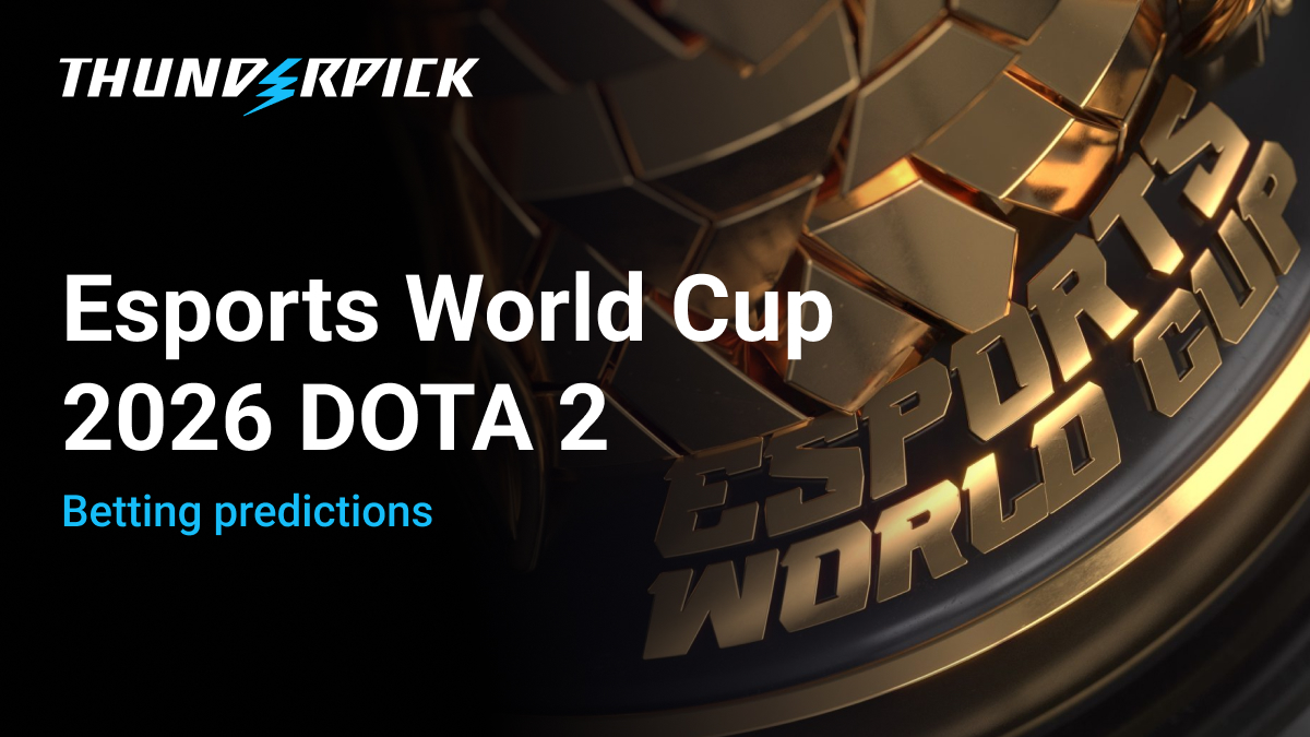 Text Esports World Cup 2026 Dota 2 Betting Predictions next to esports world cup trophy