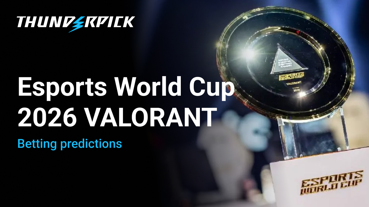 Text Esports World Cup 2026 Valorant Betting Predictions next to a trophy