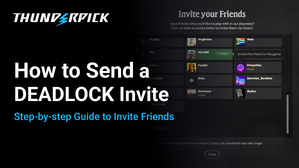 Thunderpick Logo, text How to Send a DEADLOCK Invite, image of the Deadlock friend invite screen