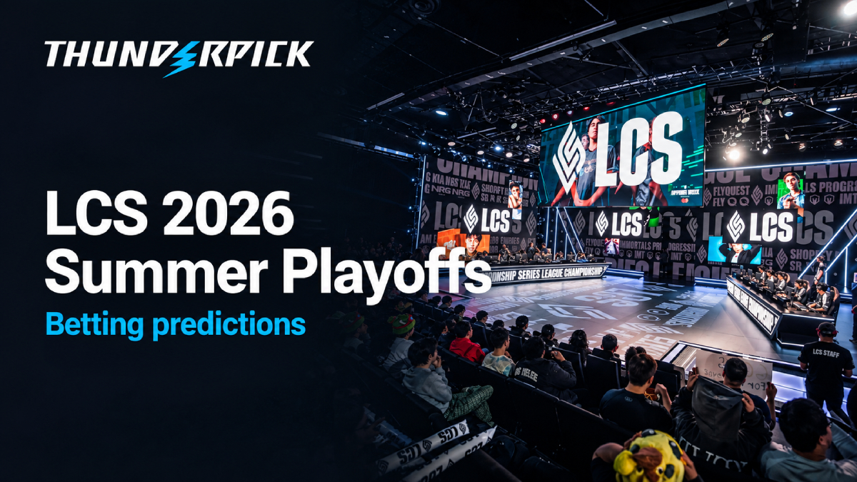 LCS 2026 Summer Playoffs white text, blue text Betting Predictions. Image of crowd at LCS final