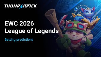 League of Legends characters Teemo and Yuumi next to text EWC 2026 League of Legends Betting Predictions. Esports World Cup 2026