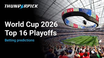 World Cup 2026 stadium and the Thunderpick logo, text World Cup 2026 Top 16 Playoffs Betting Predictions.