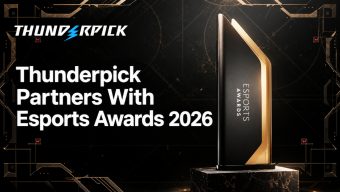 Black and Gold Award plaque from Esports Awards 2026 next to white text Thunderpick Partners with Esports Awards 2026 and Thunderpick logo with blue lightning bolt