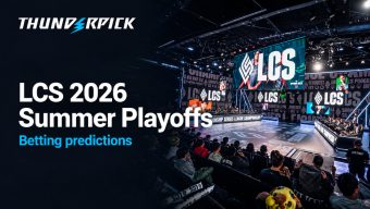 LCS 2026 Summer Playoffs white text, blue text Betting Predictions. Image of crowd at LCS final