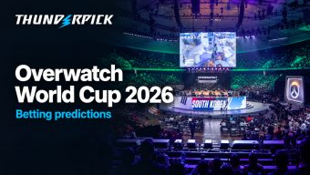 Overwatch World 2026 offline event stage next to text Overwatch World Cup 2026 Betting predictions and thunderpick logo